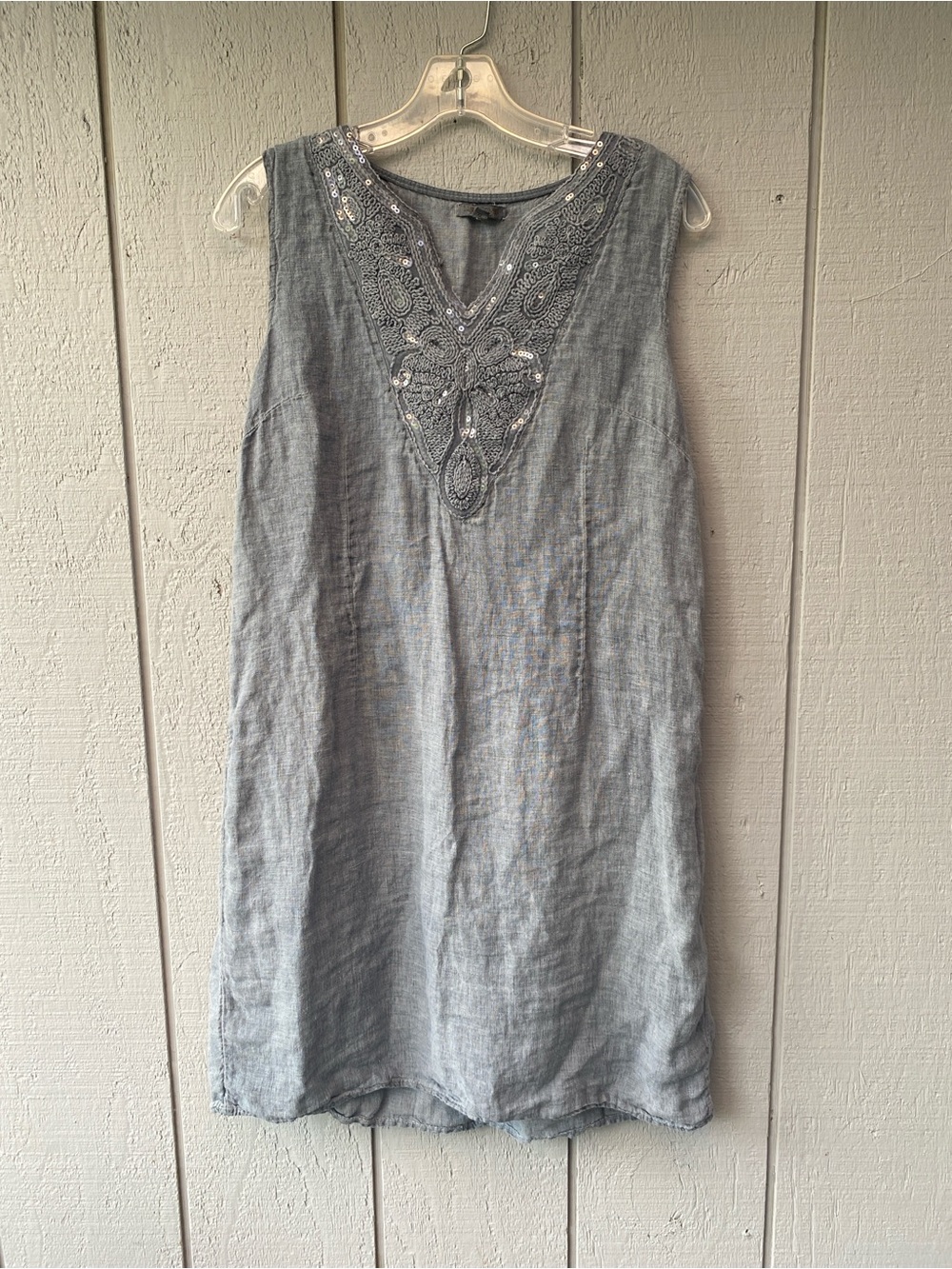 Sleeveless Embroidered V-Neck Linen Dress - Grey